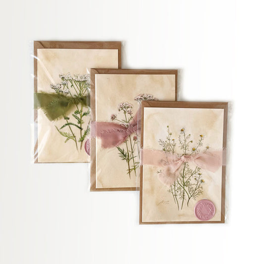 Set of 3 Wedding Botanical Cards + Silk Ribbons + Wax Seals